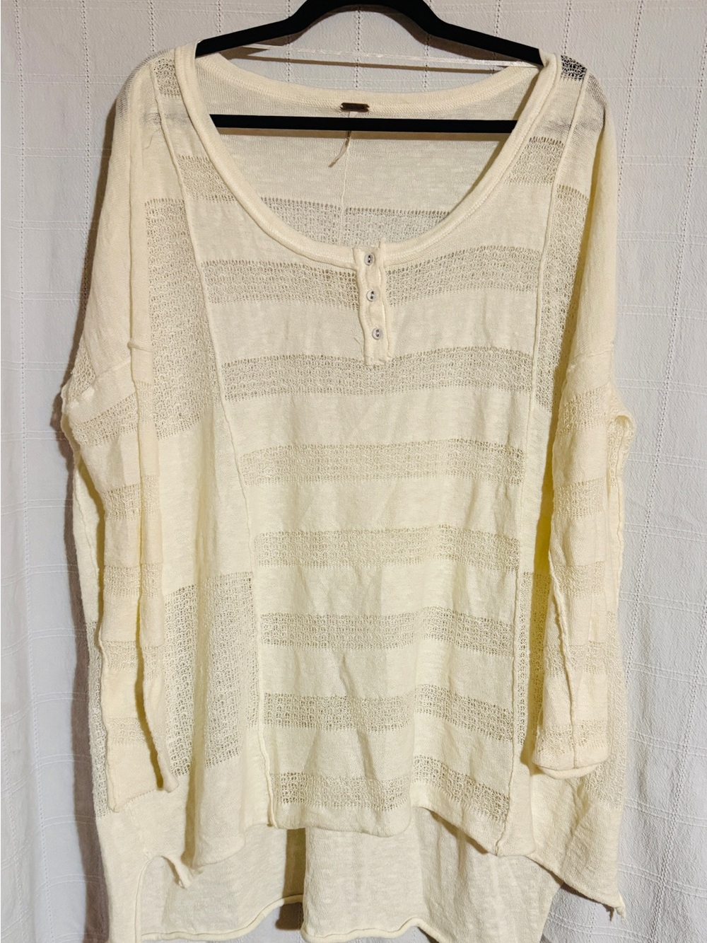 Free People Cream Open-Knit Henley Sweater